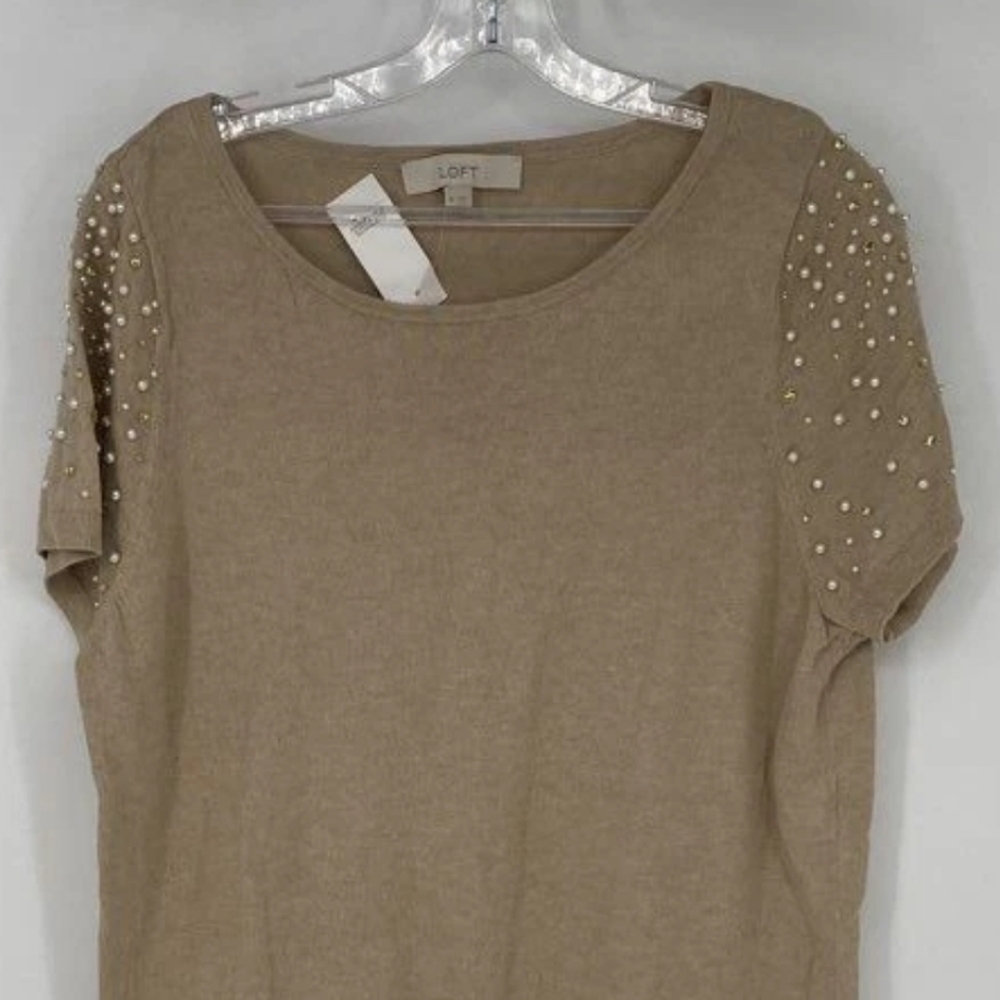 Ann Taylor Beige Short Sleeve Sweater with Pearl Embellished Shoulders